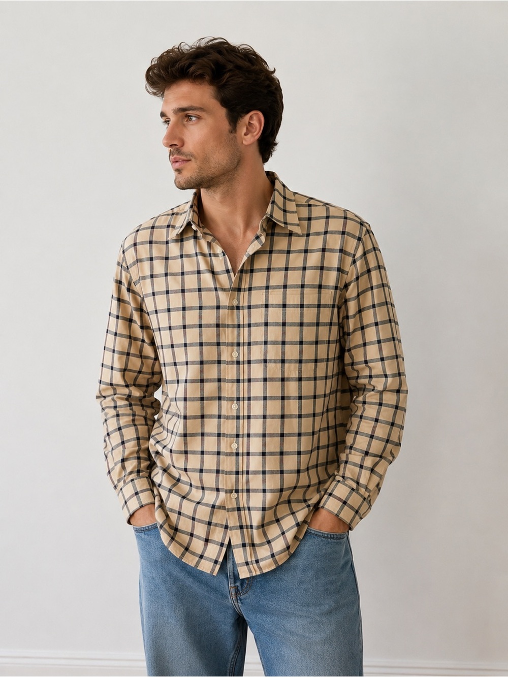 Brooks Brothers Beige and Black Plaid Long-Sleeve Button-Down Shirt